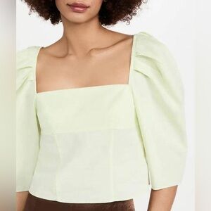 NWOT Vince Draped Square Neck Cotton Top with Puff Sleeves in Honeydew